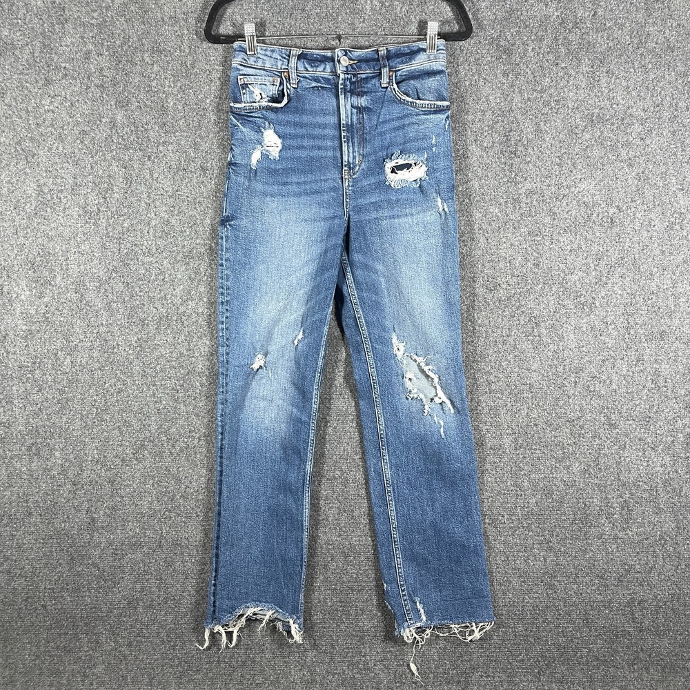 We the Free Ankle Jeans Frayed Hem Distressed Mid Wash Blue Stretch Womens 28x27
